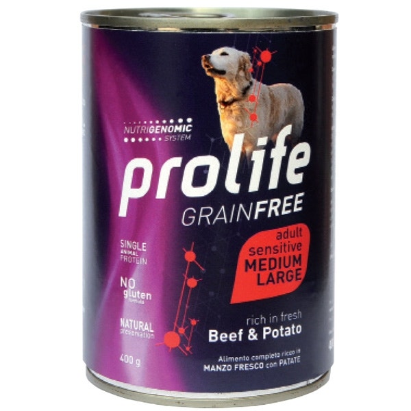 Prolife Grain Free Carne de ternera fresca con patatas, comida húmeda para perros adultos de tamaño mediano/grande, lata de 800 g
