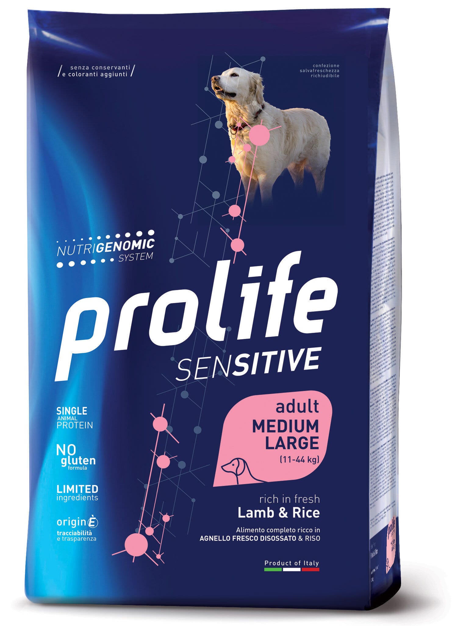 Prolife Dog Sensitive Cordero y Arroz, pienso seco para perros adultos de tamaño mediano/grande, saco de 2,5 kg