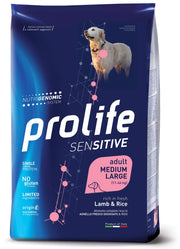 Prolife Dog Sensitive Cordero y Arroz, pienso seco para perros adultos de tamaño mediano/grande, saco de 2,5 kg