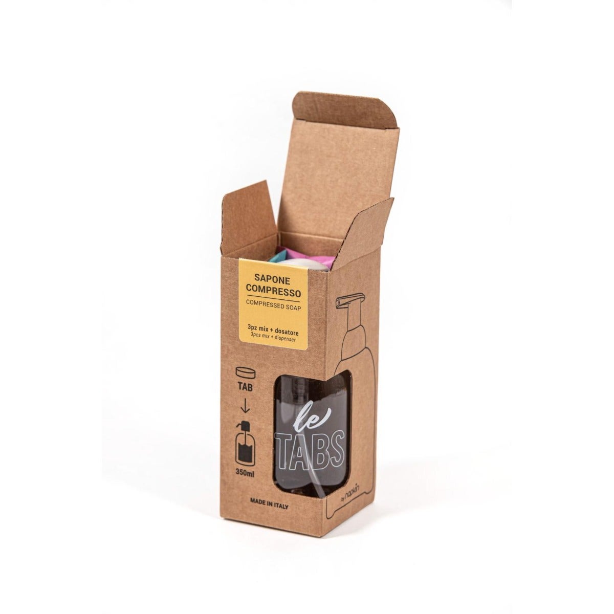 Napkin Letabs Sapone Compresso Starter Kit Dosatore + 3 Tabs Differenti Profumazioni