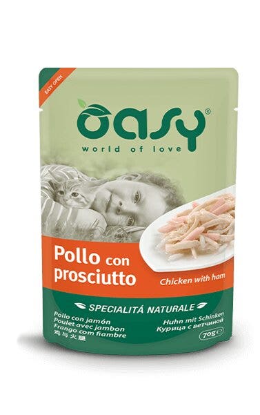 Oasy Wet Cat Pollo con Jamón Comida Húmeda Natural para Gatos Adultos Lata 70g-5