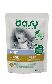 Oasy Wet Cat Bocaditos en salsa con cerdo para gatos adultos esterilizados 85 g