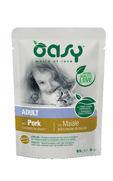 Oasy Wet Cat Bocaditos en salsa con cerdo para gatos adultos esterilizados 85 g