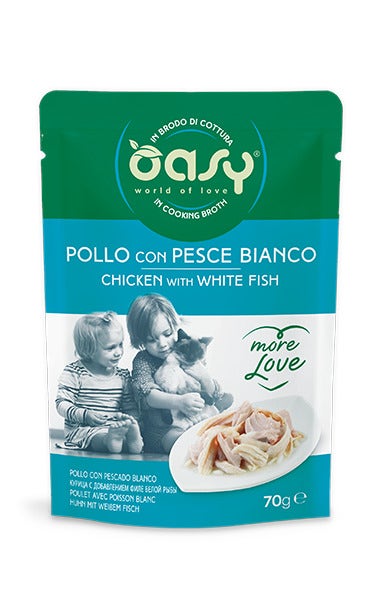 Oasy Wet Cat More Love Pollo con pescado blanco, comida húmeda para gatos adultos 70 g