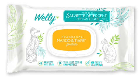 Welly Toallitas Limpiadoras con Aroma a Mango y Tiaré para Perros y Gatos, 40 unidades