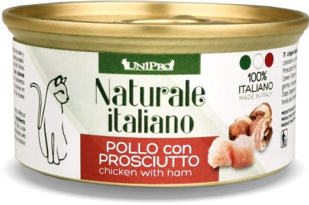 Unipro Naturale Italiano Cibo Umido Pollo Con Prosciutto Per Gatti Adulti Scatoletta 85g