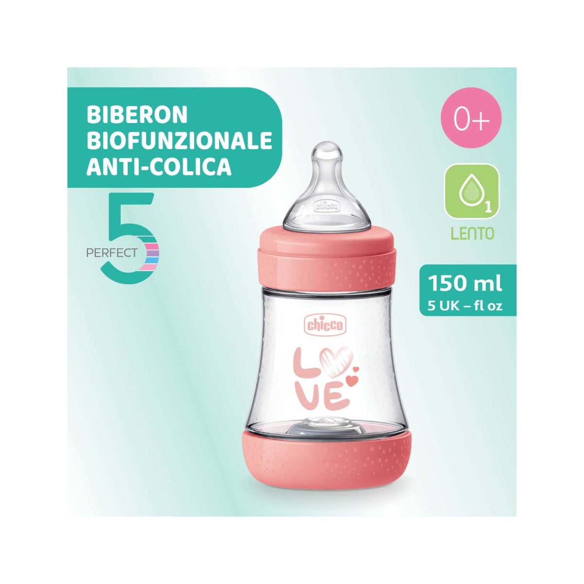 Chicco Biberón para recién nacidos Perfect 5 Biberón rosa con boquilla de flujo lento 150 ml 0 meses+