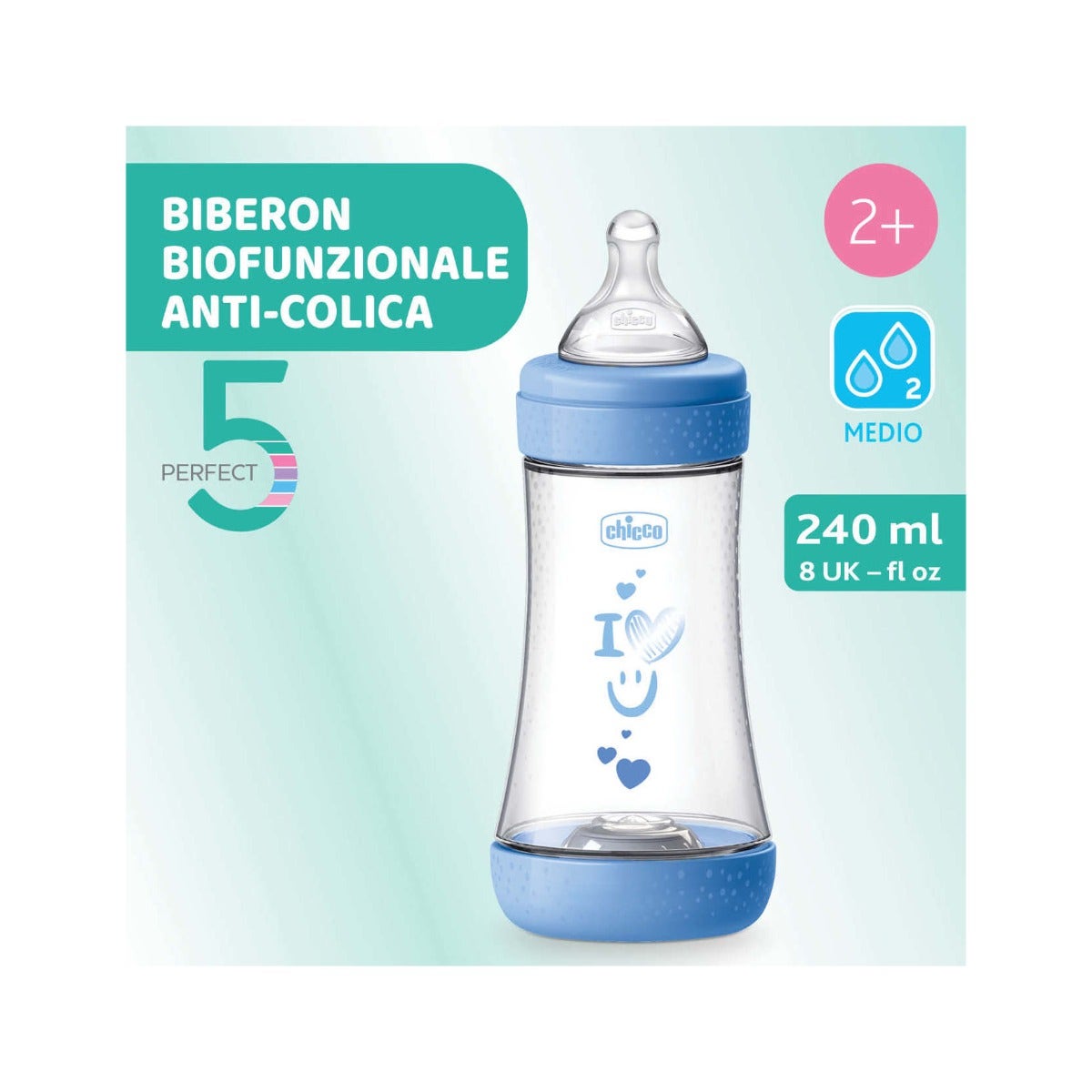 Chicco Biberón para recién nacidos Perfect 5 Biberón azul flujo medio 240 ml 2 meses+