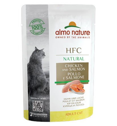 Almo Nature HFC Natural Gusto Pollo y Salmón Comida Húmeda para Gatos Adultos Bolsa 55g-2