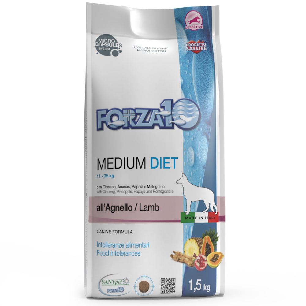 Forza10 Croquetas de Cordero Dieta Mediana para Perros Adultos Tamaño Mediano Bolsa 1,5kg-2