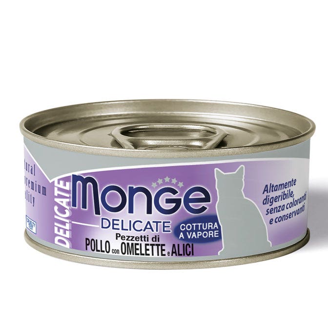 Monge Delicados Trozos De Pollo Con Tortilla Y Anchoas Comida Húmeda Para Gatos Adultos 80g-1