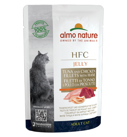 Almo Nature HFC Jelly Comida Húmeda Atún y Filete de Pollo con Jamón Gatos Adultos Sobre 55g-1