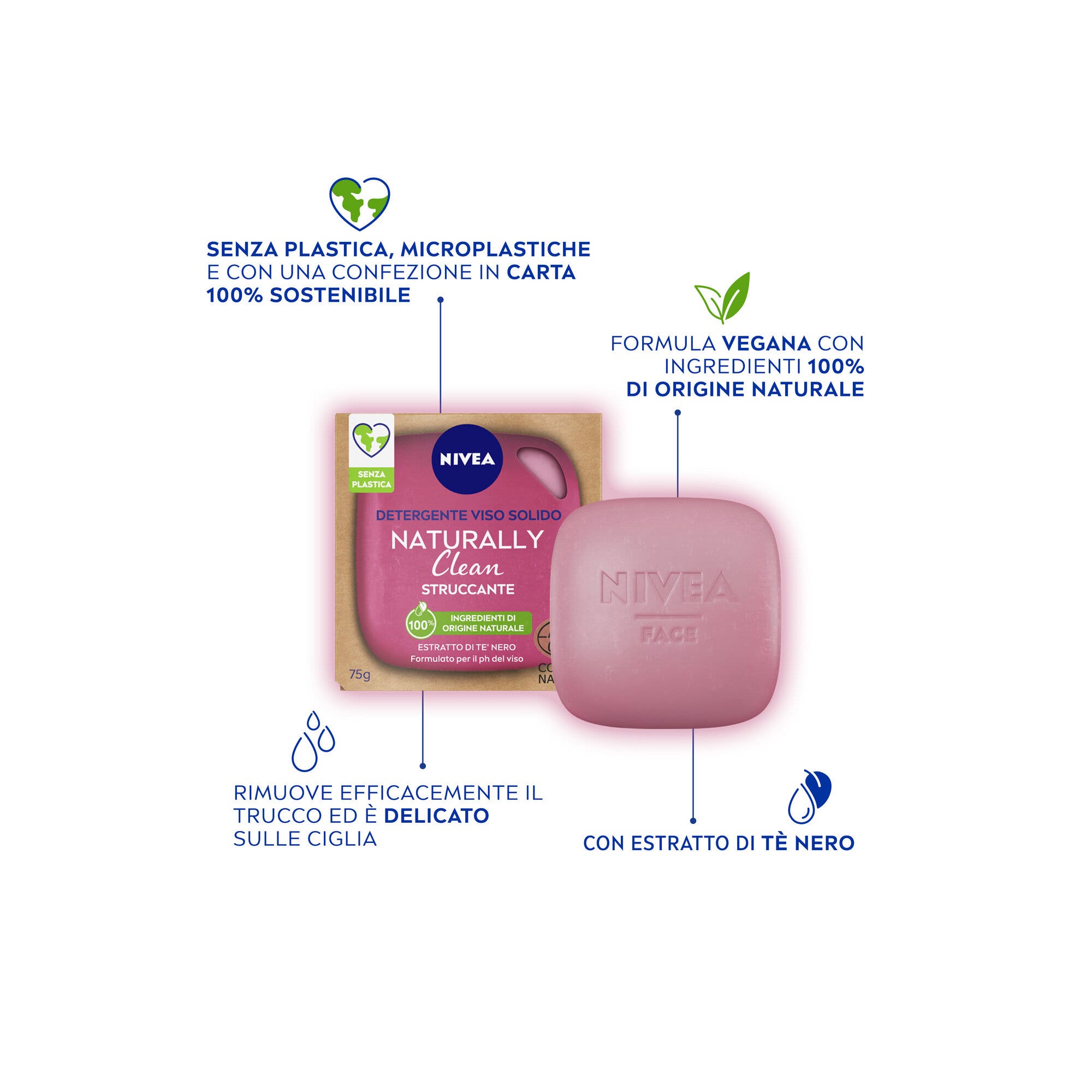 Nivea Naturally Clean Struccante Viso 75g Detergente Viso Struccante Solido Naturale Formula Vegana