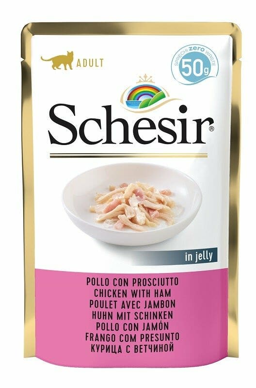 Schesir Pollo con Jamón en Gelatina Comida Húmeda para Gatos Adultos Sobre 50g-2