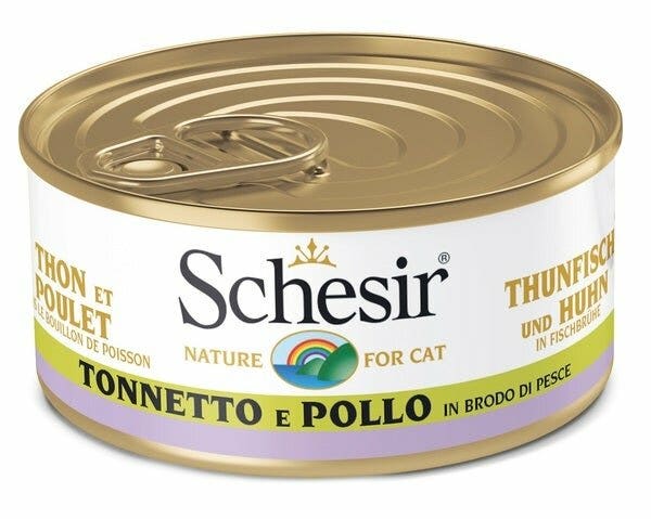 Schesir Atún y Pollo en Caldo de Pescado Comida Húmeda para Gatos Adultos Lata 70g-2