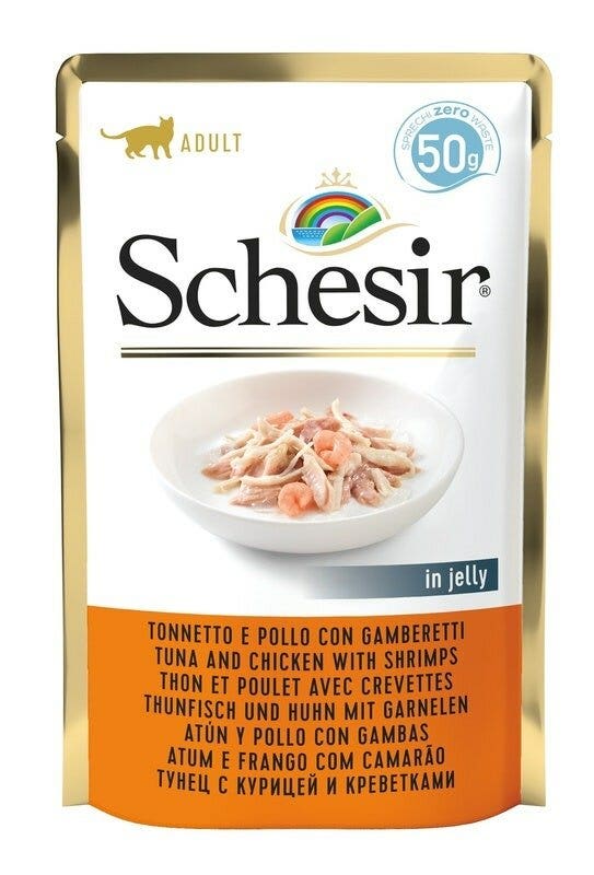 Schesir Comida Húmeda Para Gatos Adultos Atún Y Pollo Con Gambas Sobre 50g-2