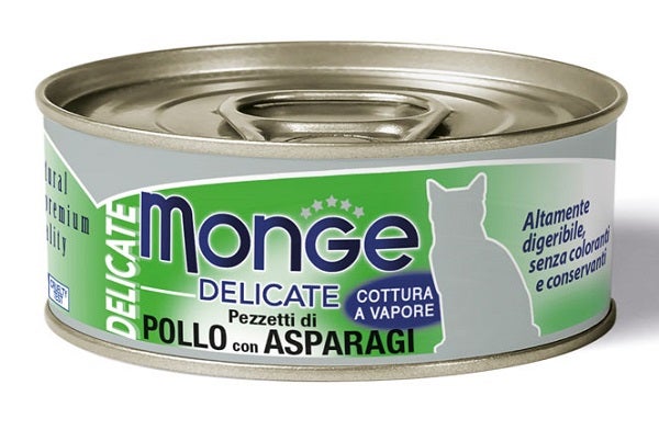 Monge Delicados Trozos de Pollo con Espárragos Comida Húmeda para Gatos Adultos Lata 80g-1