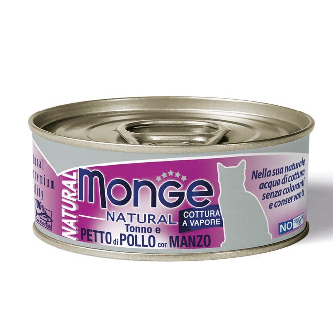 Monge Natural Atún Y Pechuga De Pollo Con Ternera Comida Húmeda Para Gatos Adultos 80g-1