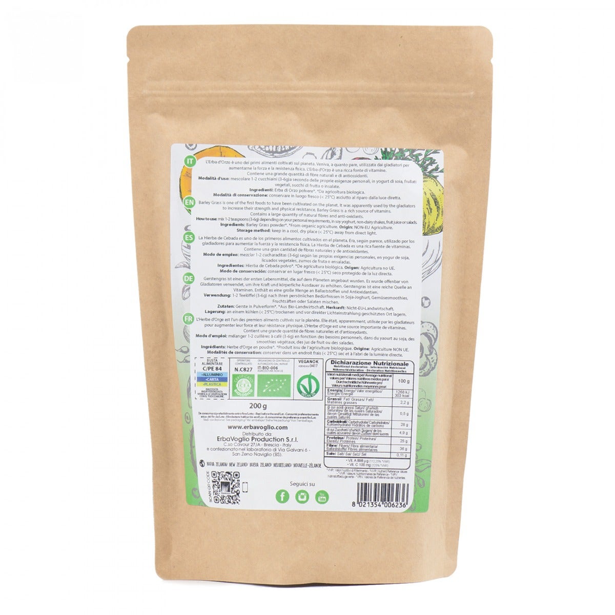 Erbavoglio Polvo de hierba de cebada orgánica de Nueva Zelanda 200 g-3
