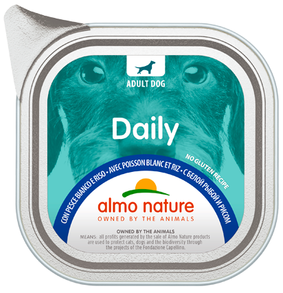 Almo Nature Daily Comida Húmeda Pescado Blanco y Arroz Perros Adultos Bandeja 100g-1