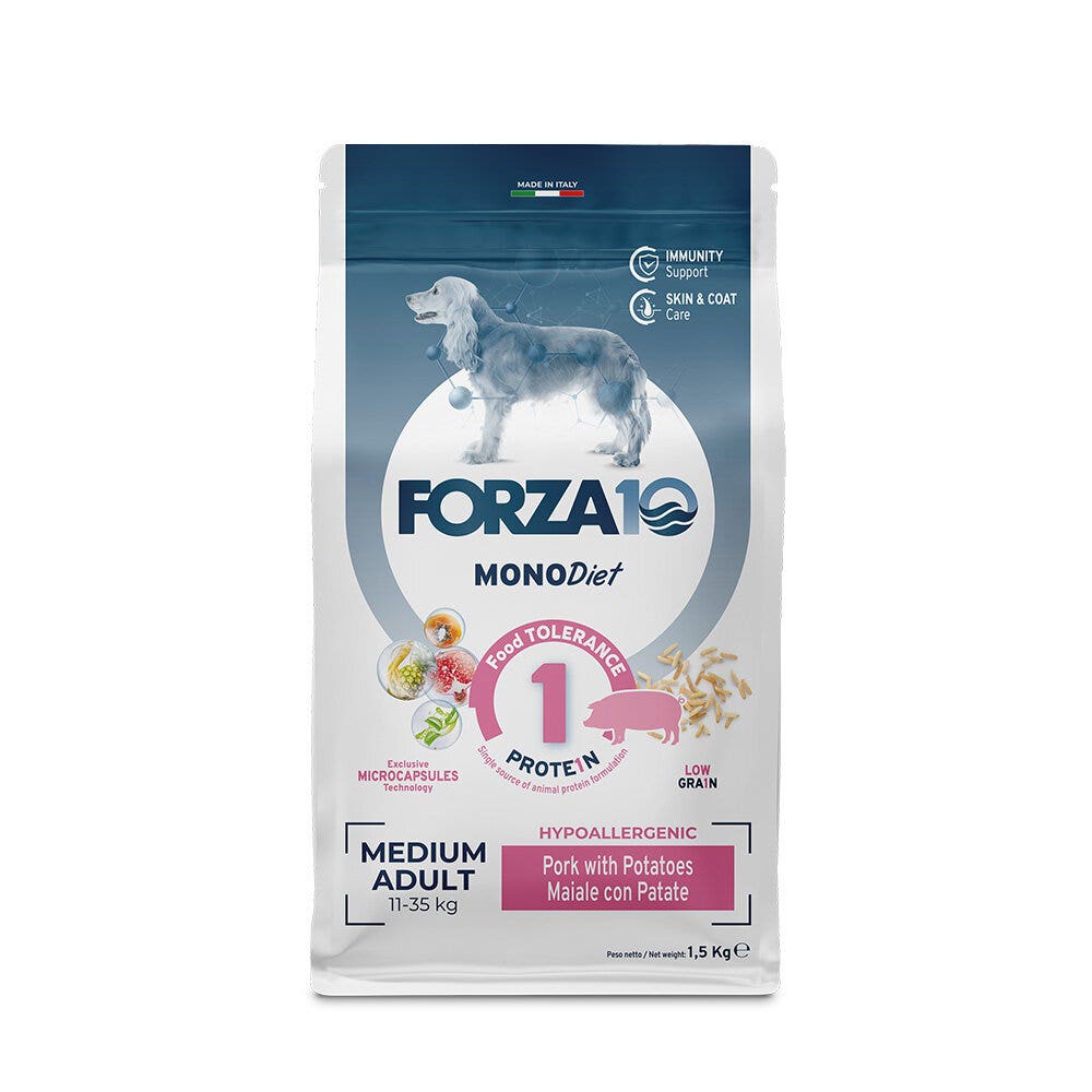 Forza10 Croquetas Dietéticas Medianas de Cerdo y Patata para Perros Adultos de Tamaño Mediano Bolsa 1,5kg-1