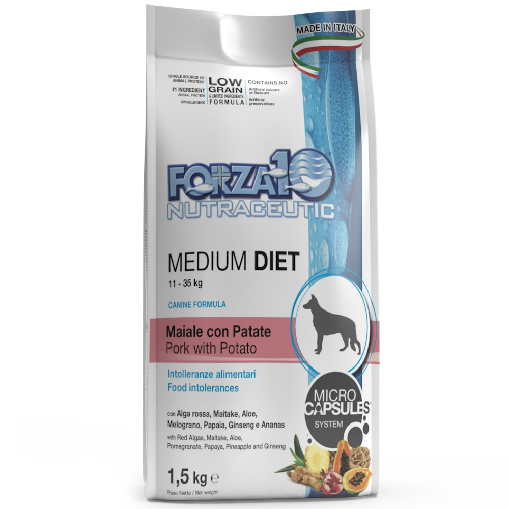 Forza10 Croquetas Dietéticas Medianas de Cerdo y Patata para Perros Adultos de Tamaño Mediano Bolsa 1,5kg-1