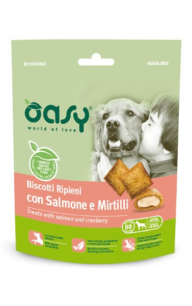 Oasy Snack para Perros Galletas Rellenas de Salmón y Arándanos 80g-1