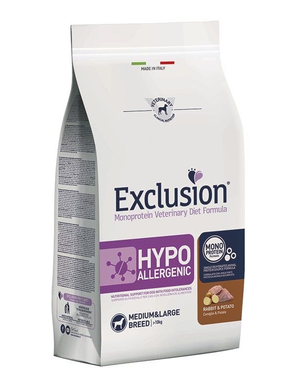 Exclusion Monoprotein Veterinary Diet Formula Croquetas hipoalergénicas con conejo/patatas para perros adultos Tamaño mediano/grande Lote de 2 kg-2