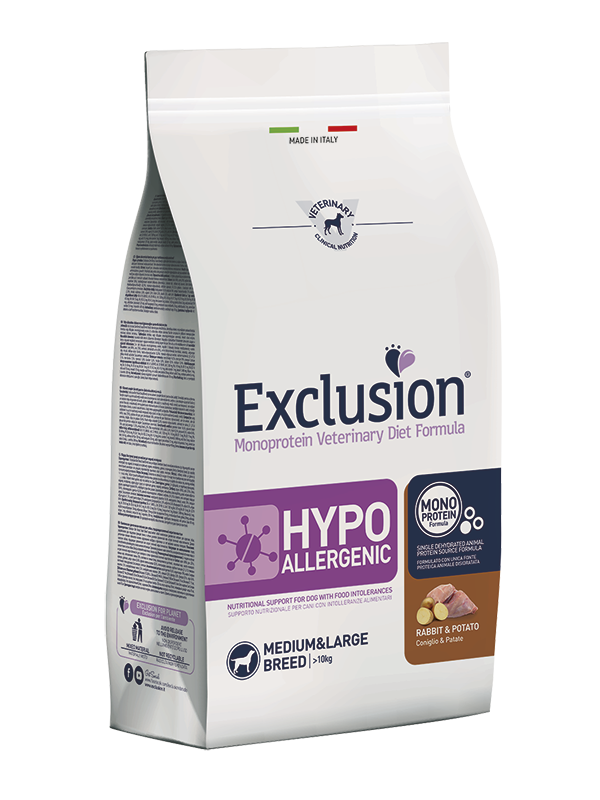 Exclusion Monoprotein Veterinary Diet Formula Croquetas hipoalergénicas con conejo/patatas para perros adultos Tamaño mediano/grande Lote de 2 kg-1