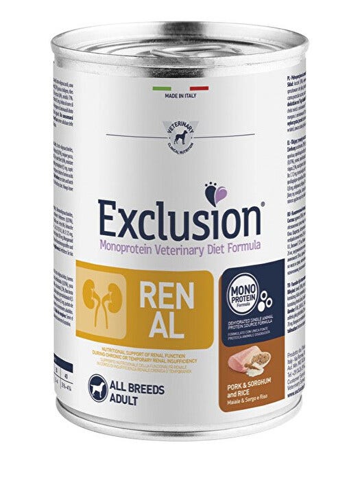 Exclusion Monoprotein Veterinary Diet Fórmula Renal Húmedo Sorgo / Cerdo / Arroz Perros Bote 400g-1