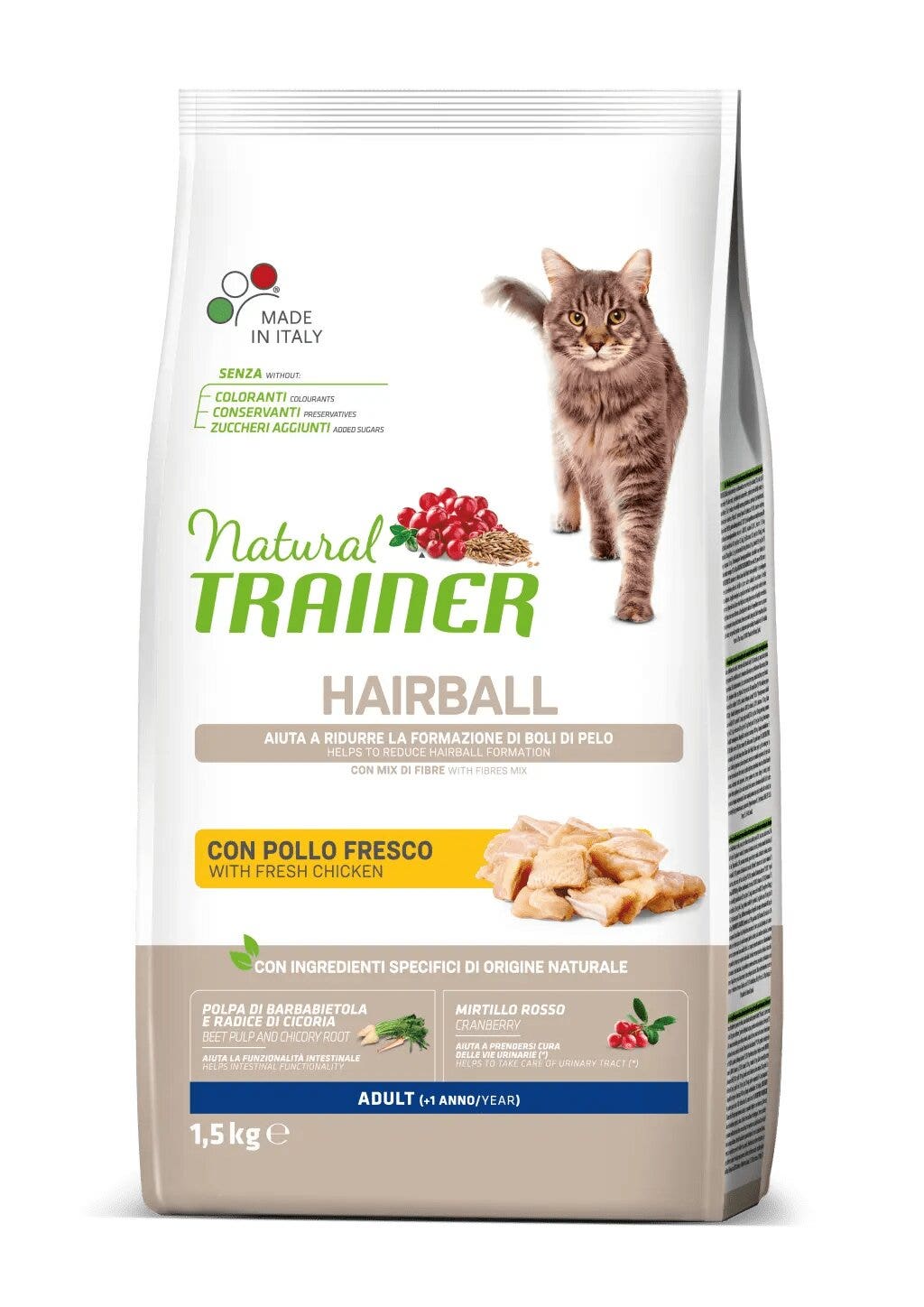 Natural Trainer Croquetas Hairball con Pollo para Gatos Adultos Bolsa 1,5kg-1
