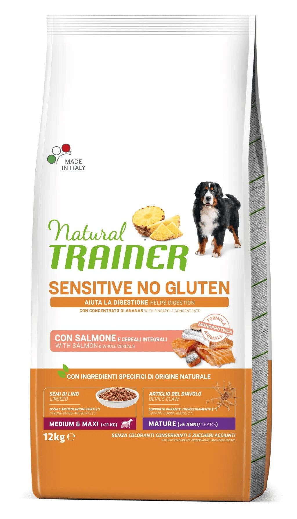 Natural Trainer Croquetas de Salmón Sensibles Maduros Sin Gluten para Perros Senior Tamaño Mediano/Grande Bolsa 12kg-1