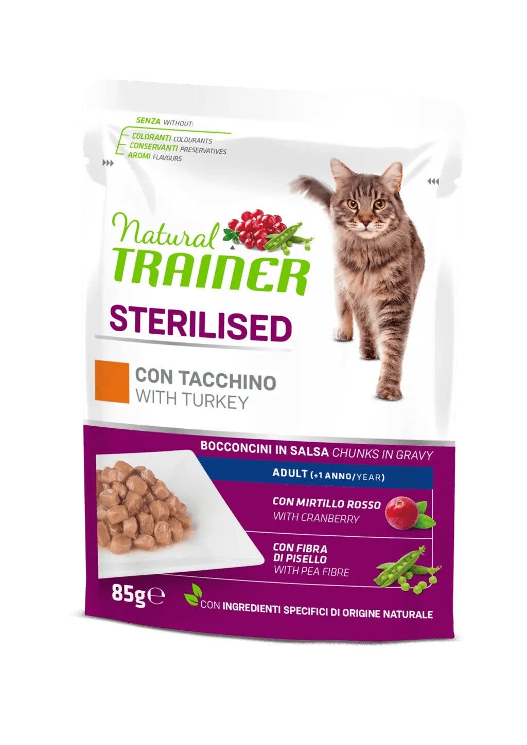 Natural Trainer Comida Húmeda Esterilizada Pavo para Gatos Adultos 85g-1