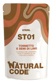Natural Code ST01 Atún y semillas de lino para gatos adultos esterilizados, bolsa de 70 g