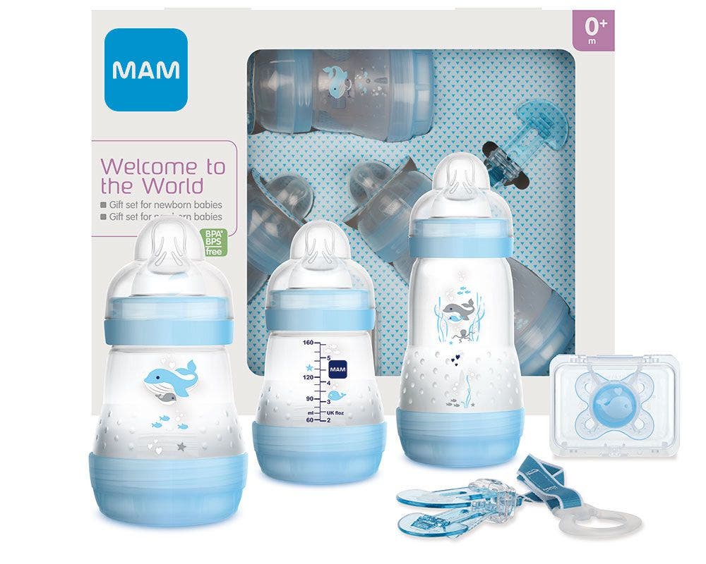 Mam Set de regalo para recién nacidos azul claro: 2 biberones Easy Start de 160 ml + 1 biberón Easy Start Anti-Colic de 260 ml + 1 chupete + 1 clip