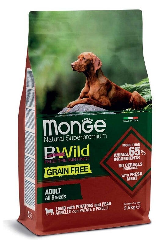 Monge Grain Free All Breeds Adult Pienso seco de cordero con patatas y guisantes para perros adultos, saco de 2,5 kg