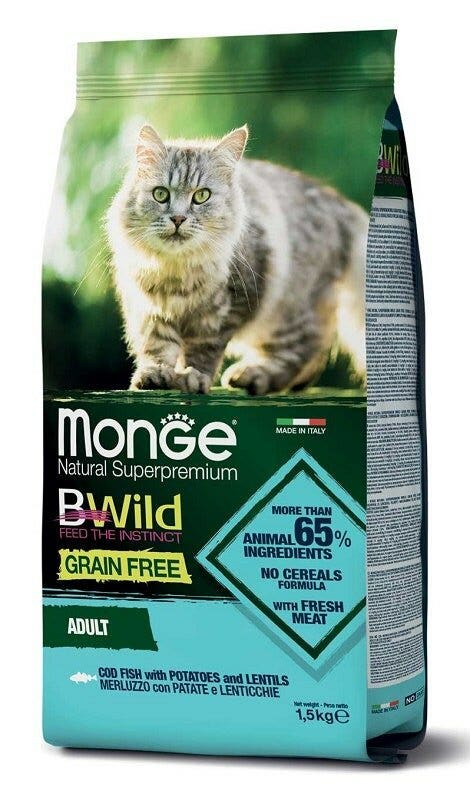 Monge B Wild Grain Free con bacalao, patatas y lentejas. Pienso seco para gatos adultos. Saco de 1,5 kg