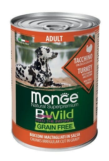 Monge B Wild Grain Free All Breeds con pavo, calabaza y calabacín, comida húmeda para perros adultos, 400 g