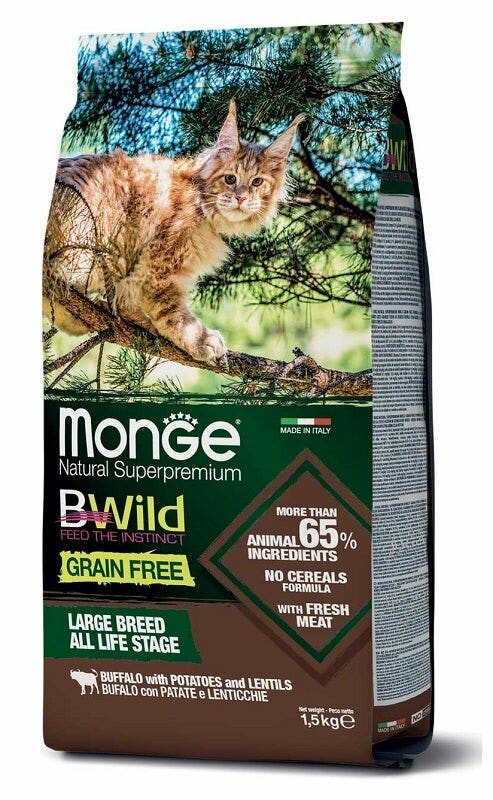 Monge B Wild Grain Free All Life Stage Raza Grande con Búfalo, Patatas y Lentejas, Comida Seca para Gatos, Saco de 1,5 kg