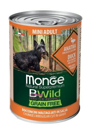 Monge B Wild Grain Free Adult con pato, calabaza y calabacín, comida húmeda para perros de raza pequeña, lata de 400 g