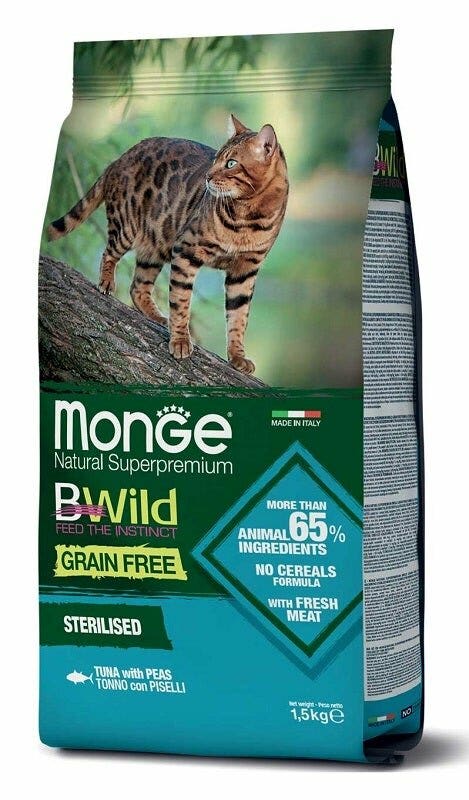 Monge B Wild Grain Free Sterilised con atún y guisantes, pienso seco para gatos esterilizados, saco de 1,5 kg