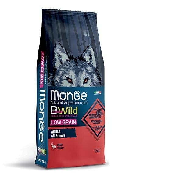 Monge B Wild Low Grain All Breeds con ciervo, pienso seco para perros adultos, saco de 12 kg