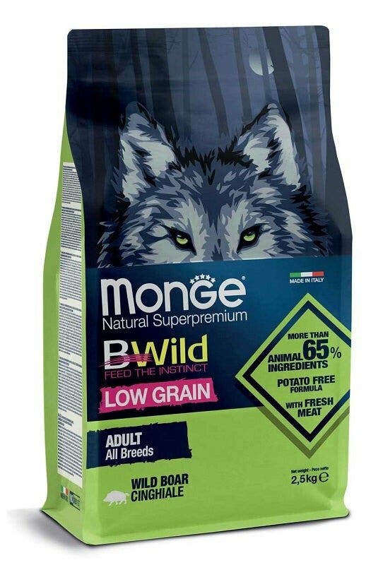 Monge B Wild Low Grain All Breeds con jabalí, pienso seco para perros adultos, saco de 2,5 kg