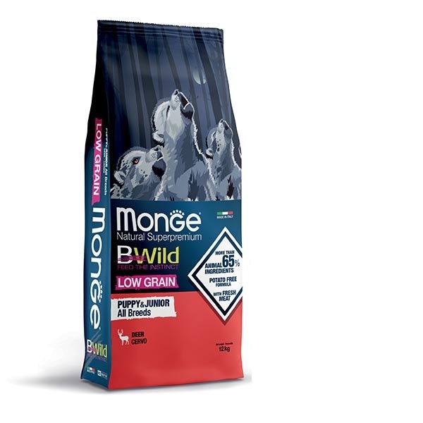 Monge B Wild Low Grain All Breeds con ciervo, pienso seco para cachorros, saco de 12 kg