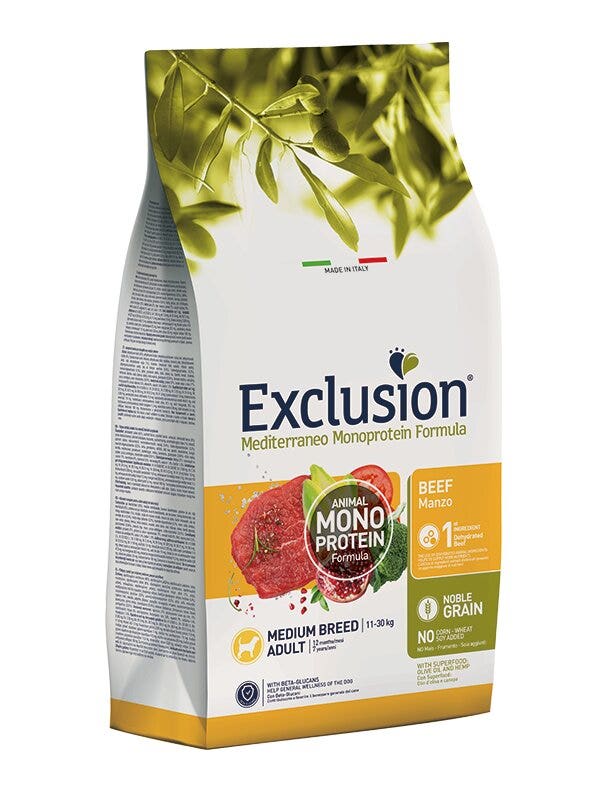 Exclusion Mediterraneo Monoprotein Formula Noble Grain Beef, pienso con ternera para perros adultos de tamaño mediano, saco de 3 kg