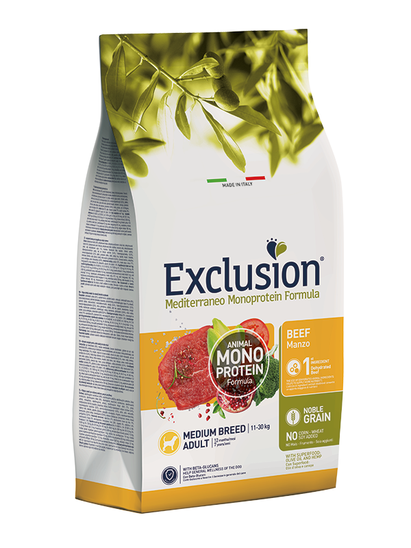Exclusion Mediterraneo Monoprotein Formula Noble Grain Beef, pienso con ternera para perros adultos de tamaño mediano, saco de 3 kg