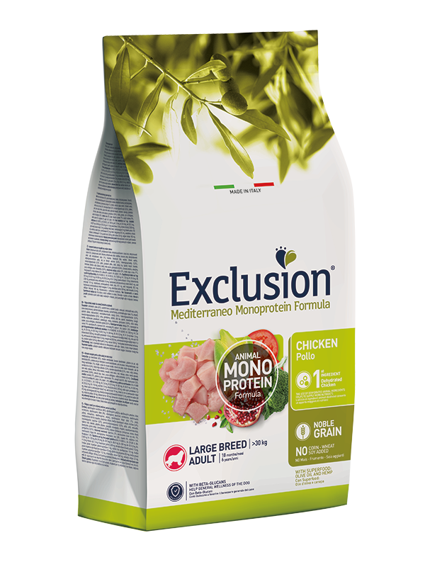 Exclusion Mediterraneo Monoprotein Noble Grain - Pienso de pollo para perros adultos de gran tamaño - Saco de 12 kg