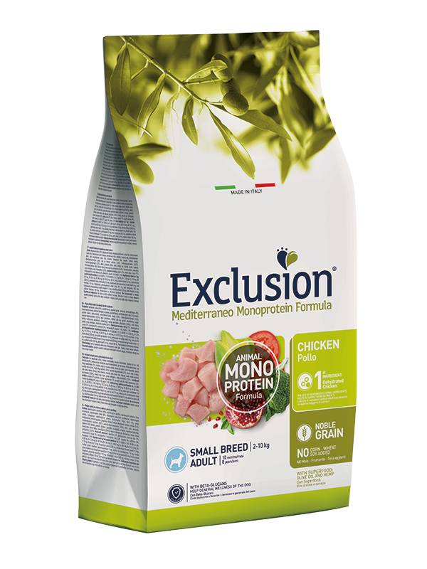 Exclusion Mediterraneo Monoprotein Formula Noble Grain Pienso seco con pollo para perros adultos de tamaño pequeño, saco de 2 kg