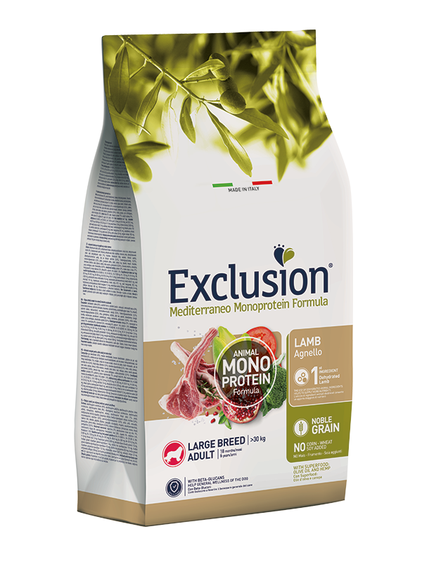 Exclusion Mediterraneo Monoprotein Fórmula Noble Grain Lamb Croquetas con cordero para perros adultos de gran tamaño, saco de 12 kg