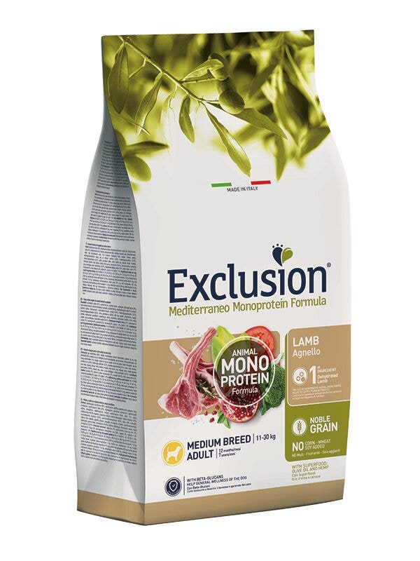 Exclusion Mediterraneo Monoprotein Fórmula Noble Grain Lamb Croquetas con cordero para perros adultos de tamaño mediano, bolsa de 3 kg